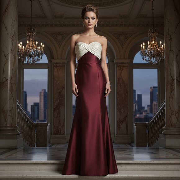 Belsoie Sz 6 Formal Strapless Ball Gown/Prom Dress Burgundy/White Bow Fur Shawl - Picture 1 of 16